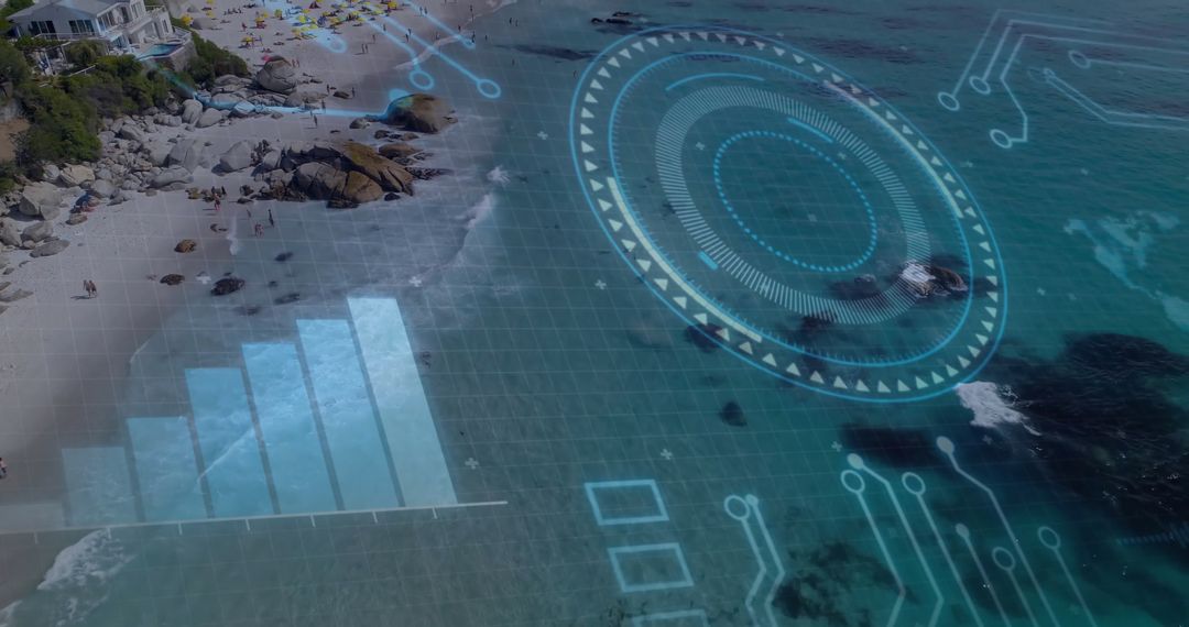 Beachscape with Futuristic Digital Overlay Enhancing Relaxation
