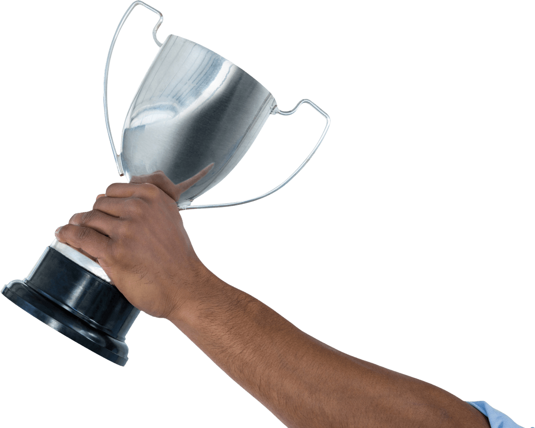 Hand Holding Silver Trophy Against White