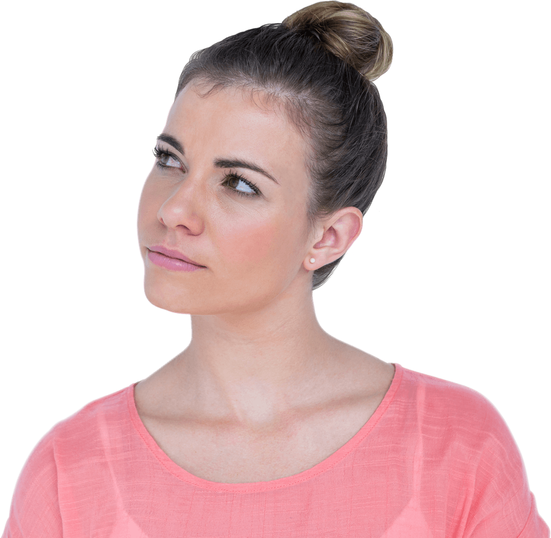 Thoughtful Woman with Bun Looking Sideways on Transparent Background
