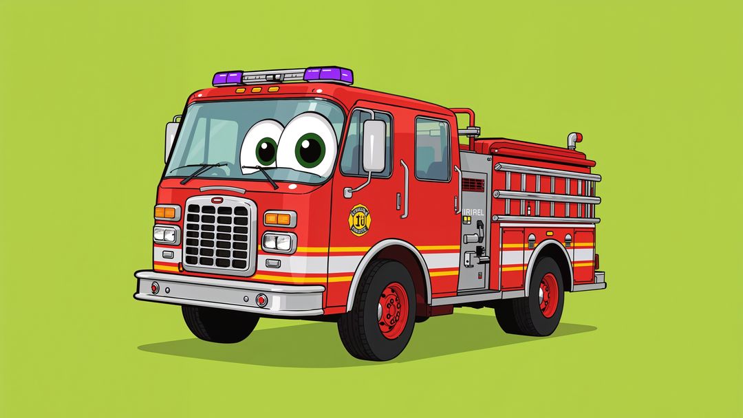 Cartoon Red Fire Truck with Playful Expression on Lime Green