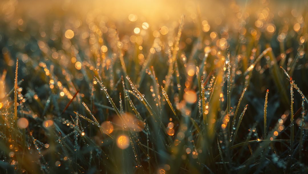 Sunlit Dew on Grass Blades Creating Bokeh Magic