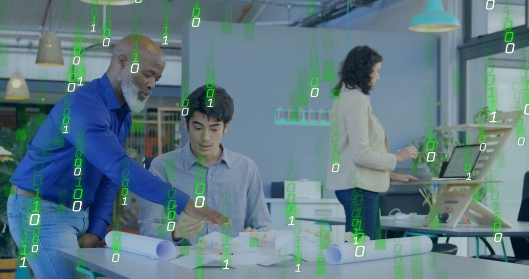 Architects Planning with Binary Code Overlay Representing Technology Integration