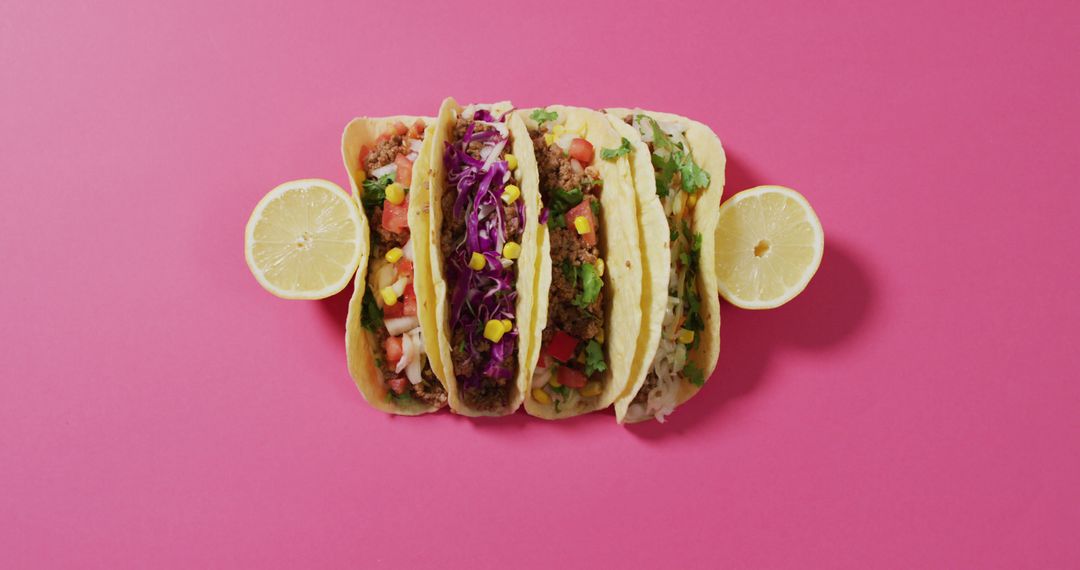 Image of freshly prepared tacos lying on board on pink background - Free Images, Stock Photos and Pictures on Pikwizard.com