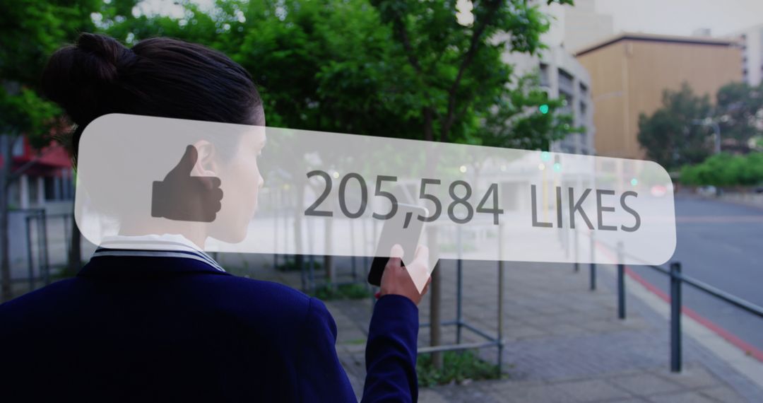 Woman Checking Social Media Notifications o­n Smartphone During Urban Walk