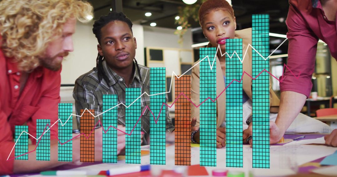 Diverse Team Analyzing Financial Graph Data in Dynamic Office