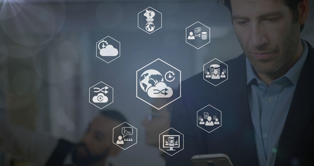 Caucasian Businessman Using Smartphone with Digital Network Icons