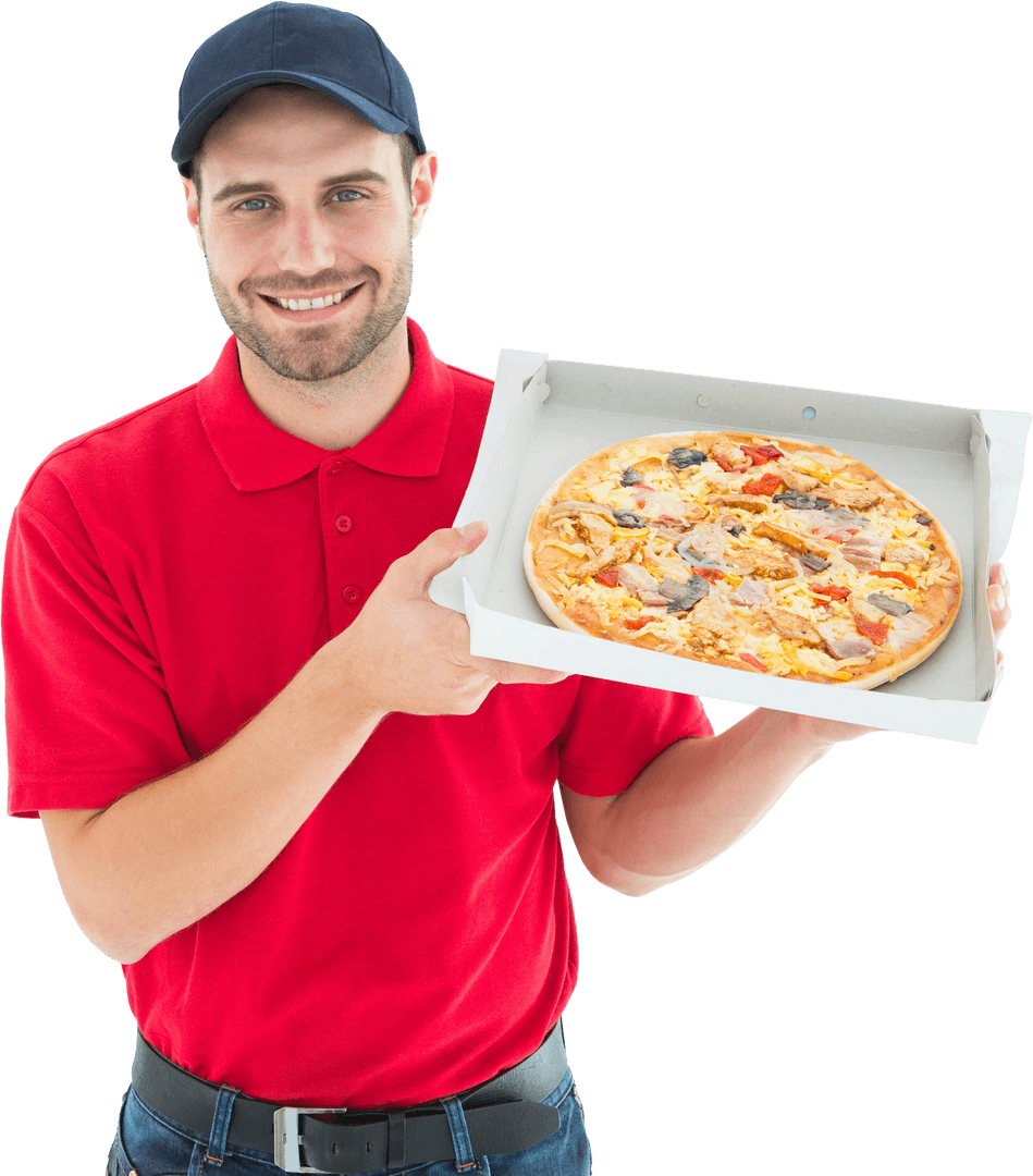 Smiling Pizza Delivery Man Offering Fresh Pizza Box Transparent