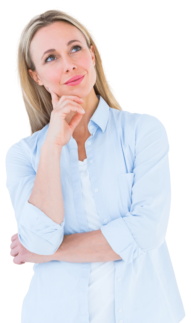 Smiling Blonde Woman in Thought with Transparent Background