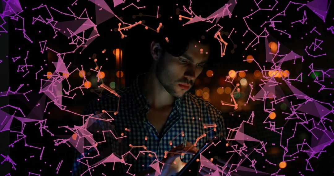 Young Man on Rooftop Interacting with Digital Network Display