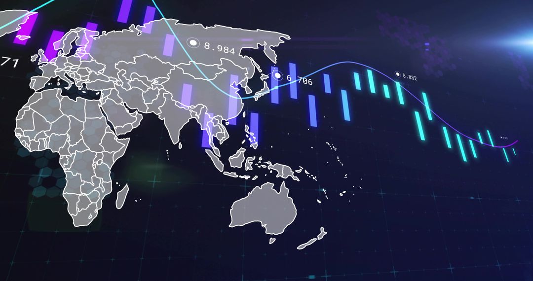 Global market trends displaying neon candlestick charts over grey globe with data markers