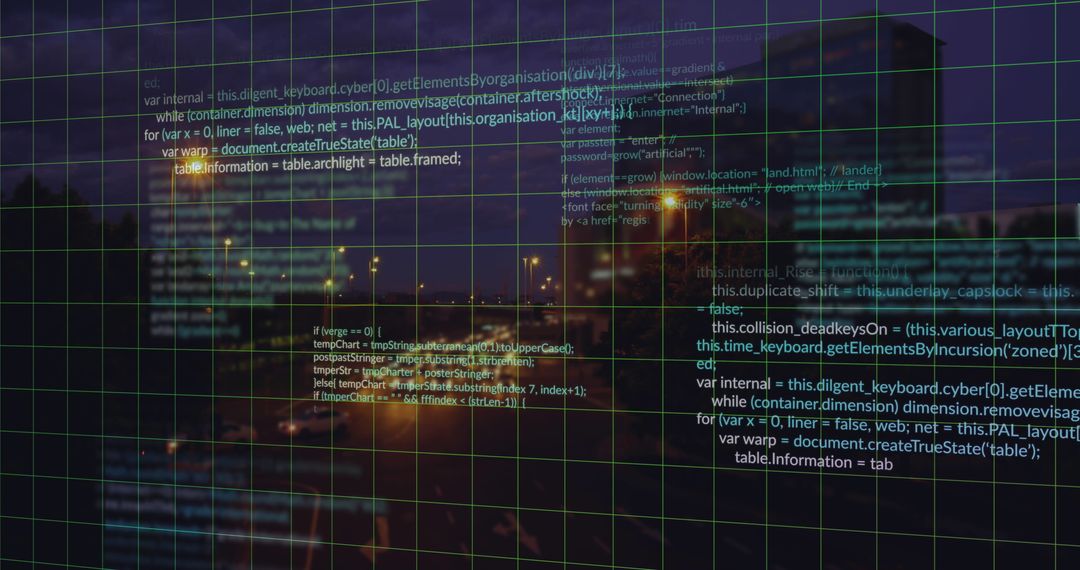 Digital Code Overlay on Futuristic Cityscape
