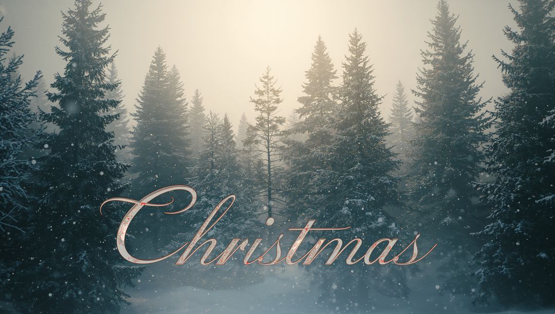 Rose Gold Christmas Script Over Backlit Snowy Fir Forest with Mist and Falling Snow