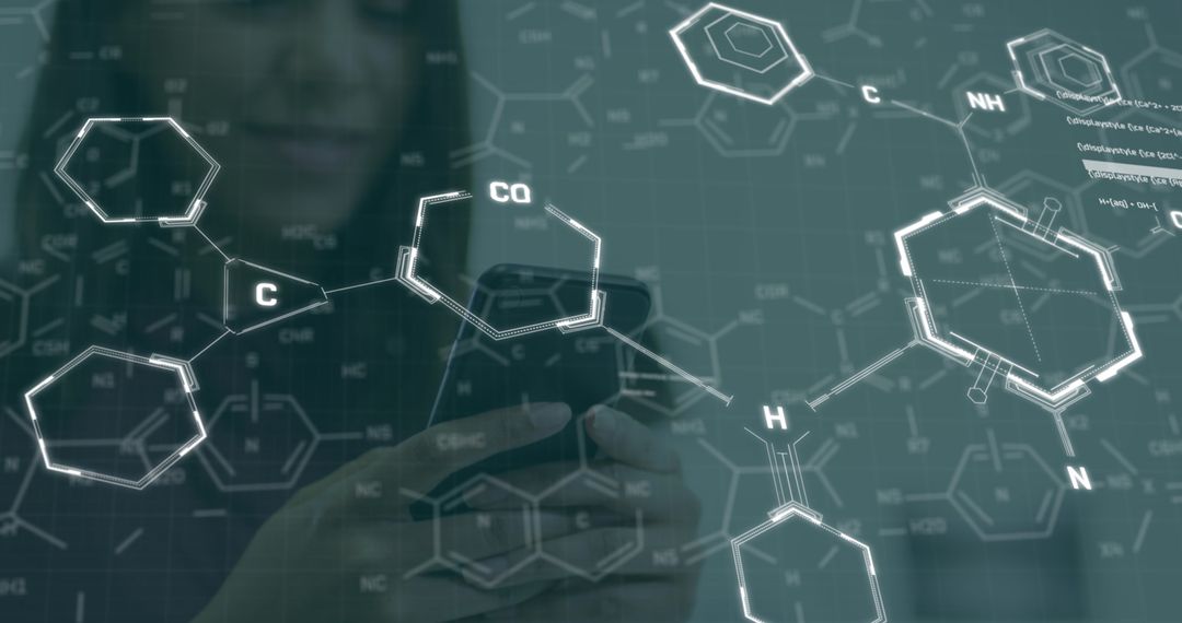 Woman Using Smartphone with Chemical Formulas Overlay