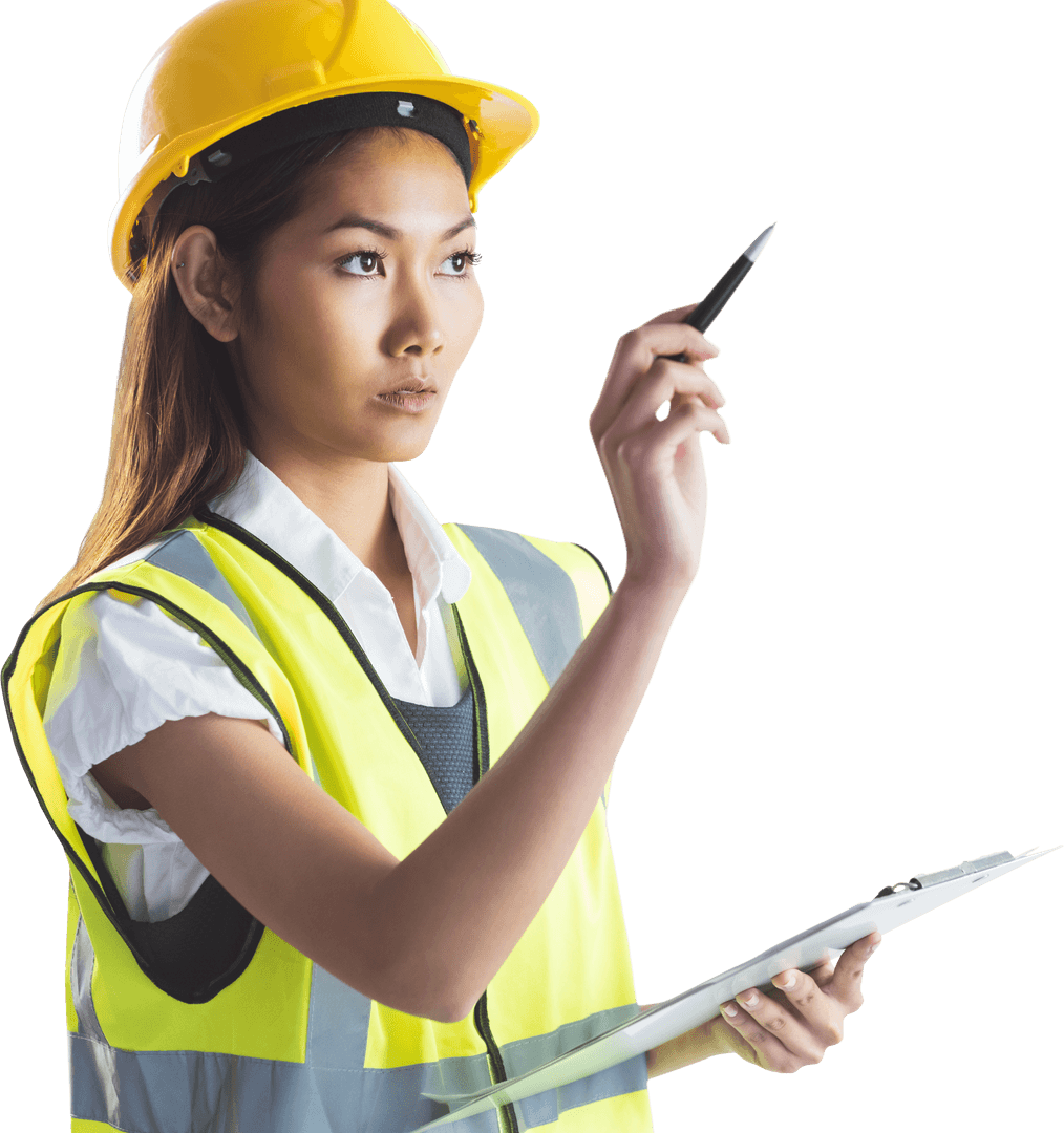 Transparent Female Architect Holding Plans Pointing Forward