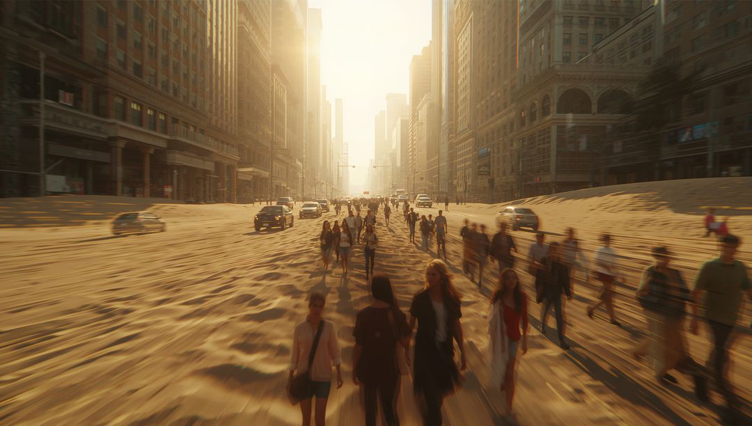 Commuters Navigating Sandy Urban Dystopia