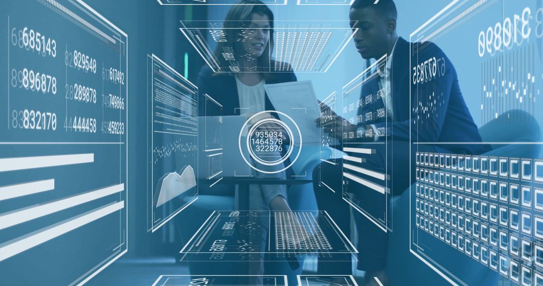 Business Professionals Analyzing Data with Futuristic Digital Interface