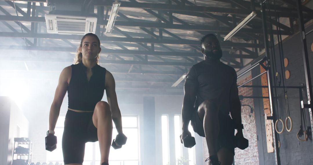 Diverse Athletes Lunging with Dumbbells in Modern Gym