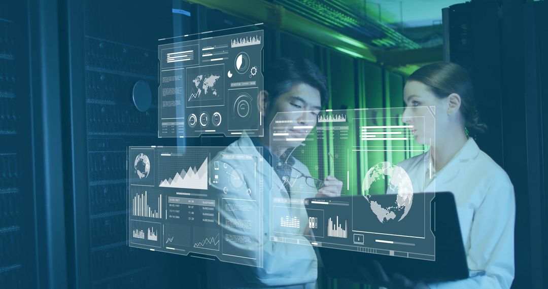 IT Experts Analyzing Data Holograms in Server Room