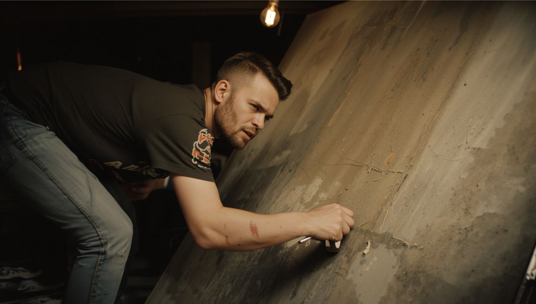 Dedicated Craftsman Sanding Wooden Panel in Rustic Workshop