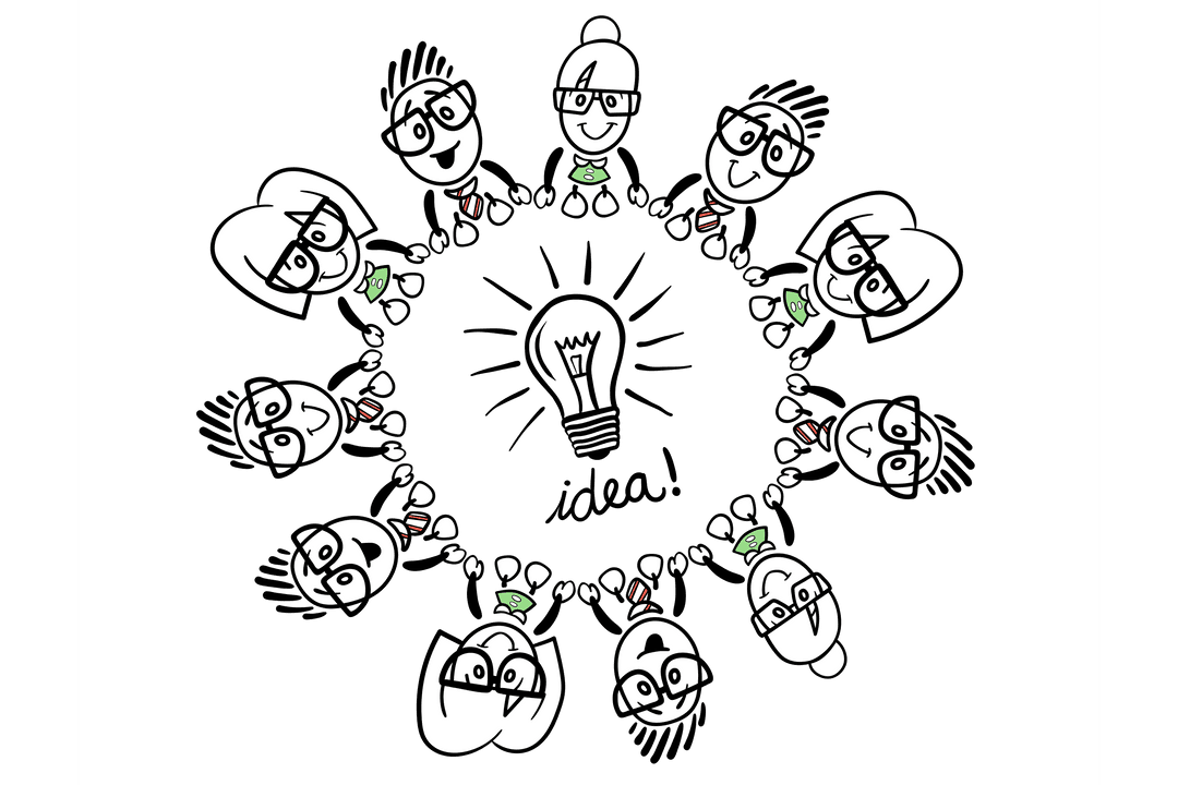 Transparent Circle of Faces Illustration with Lightbulb and Idea Text Overlay