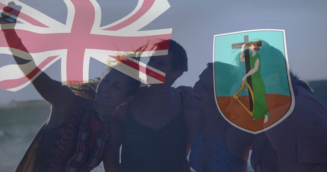 Smiling Friends Taking Selfie Together on Beach at Sunset with Union Flag Overlay
