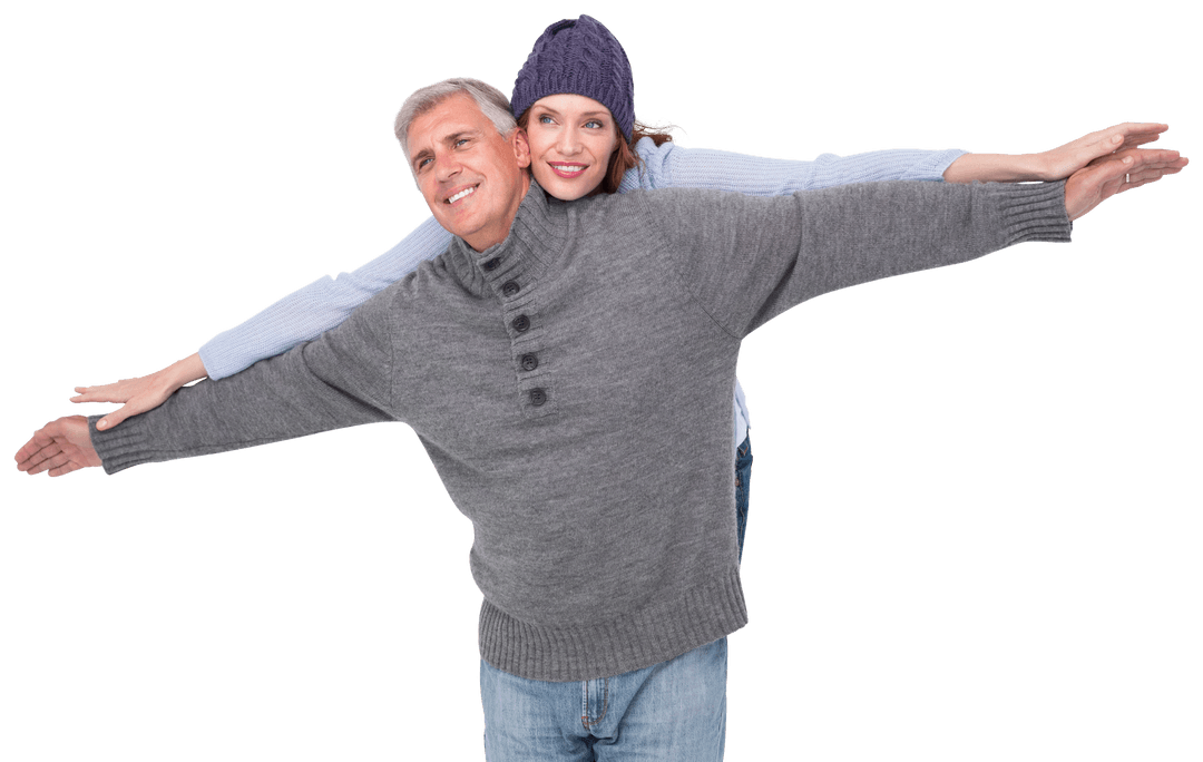 Carefree Senior Couple Embracing Joyful Winter Scene