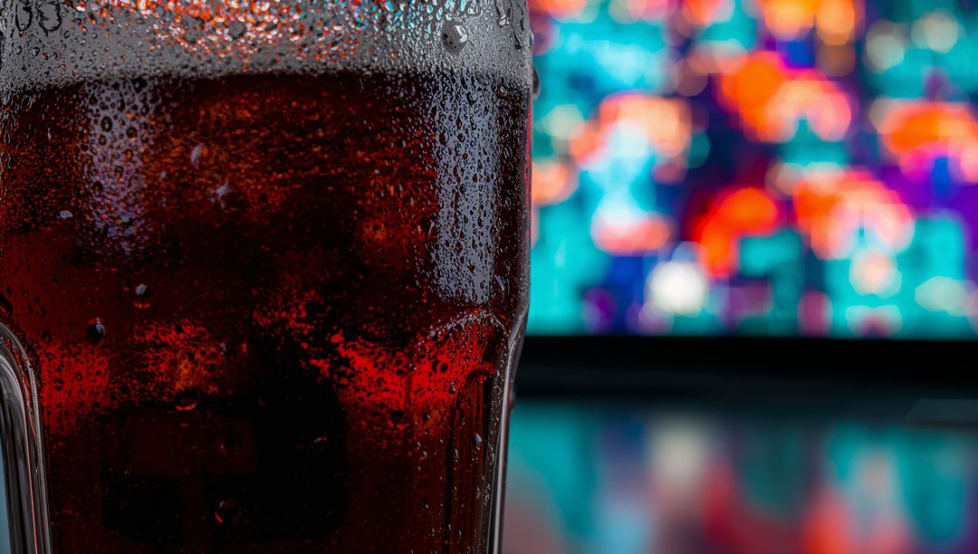 Chilled Cola Glass Showing Condensation, Rising Bubbles and Neon Bokeh Reflections