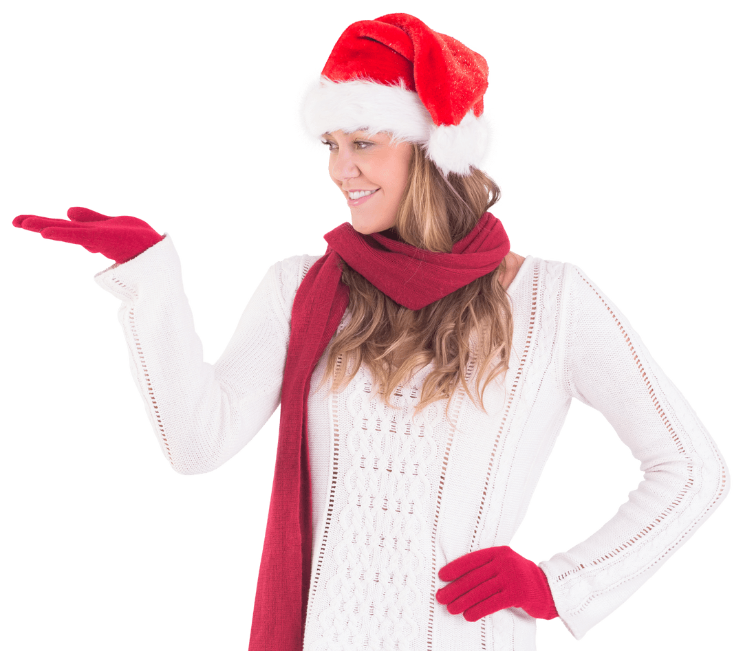 Festive Woman in Santa Hat Presenting Gesture with Open Hand