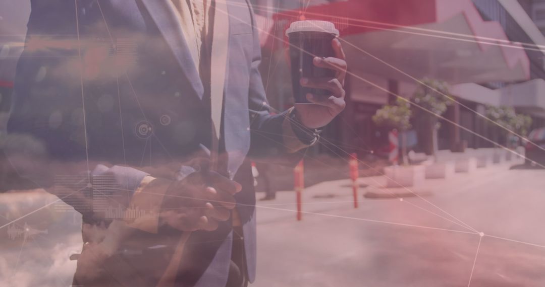 Businessman Holding Coffee with Digital Connection Network Overlay