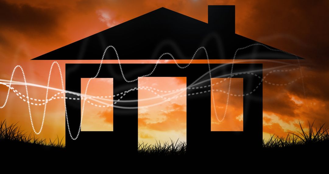 Digitized House Silhouette Over Landscaped Sunset