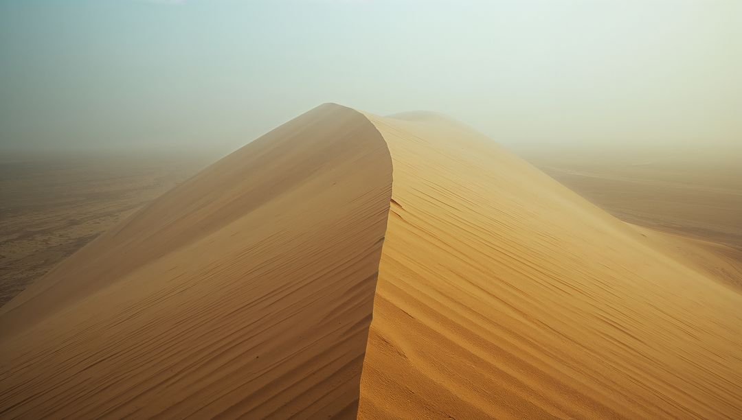 Majestic Sand Dune With Sharp Ridge in Hazy Desert Setting