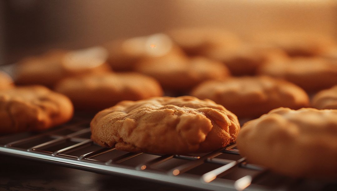Warm Golden Brown Cookies on Cooling Rack in Home Kitchen