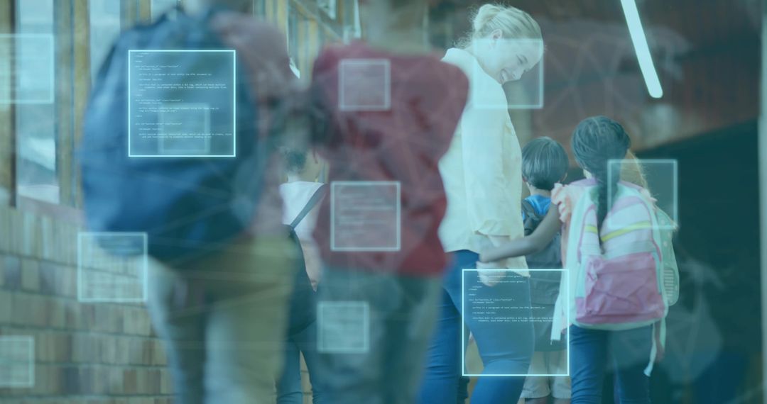 Teacher Leaning and Talking with Students in Tech-Enhanced Hallway with Digital Overlay