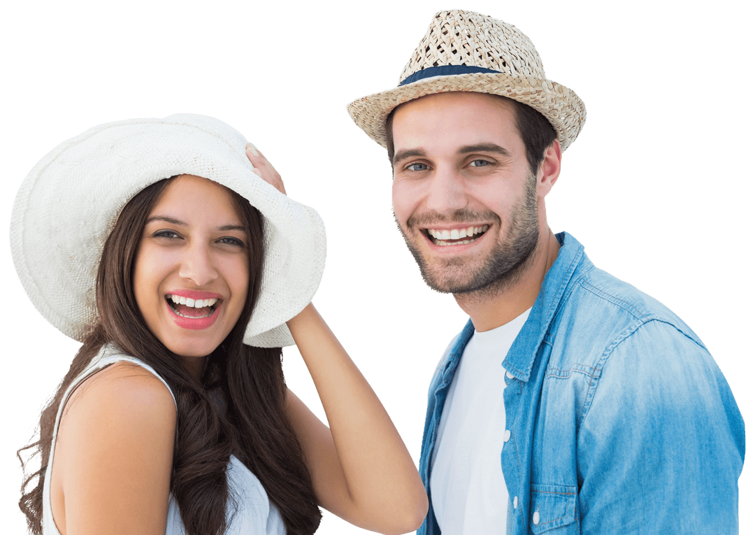 Happy Hipster Couple in Transparent Sun Hats
