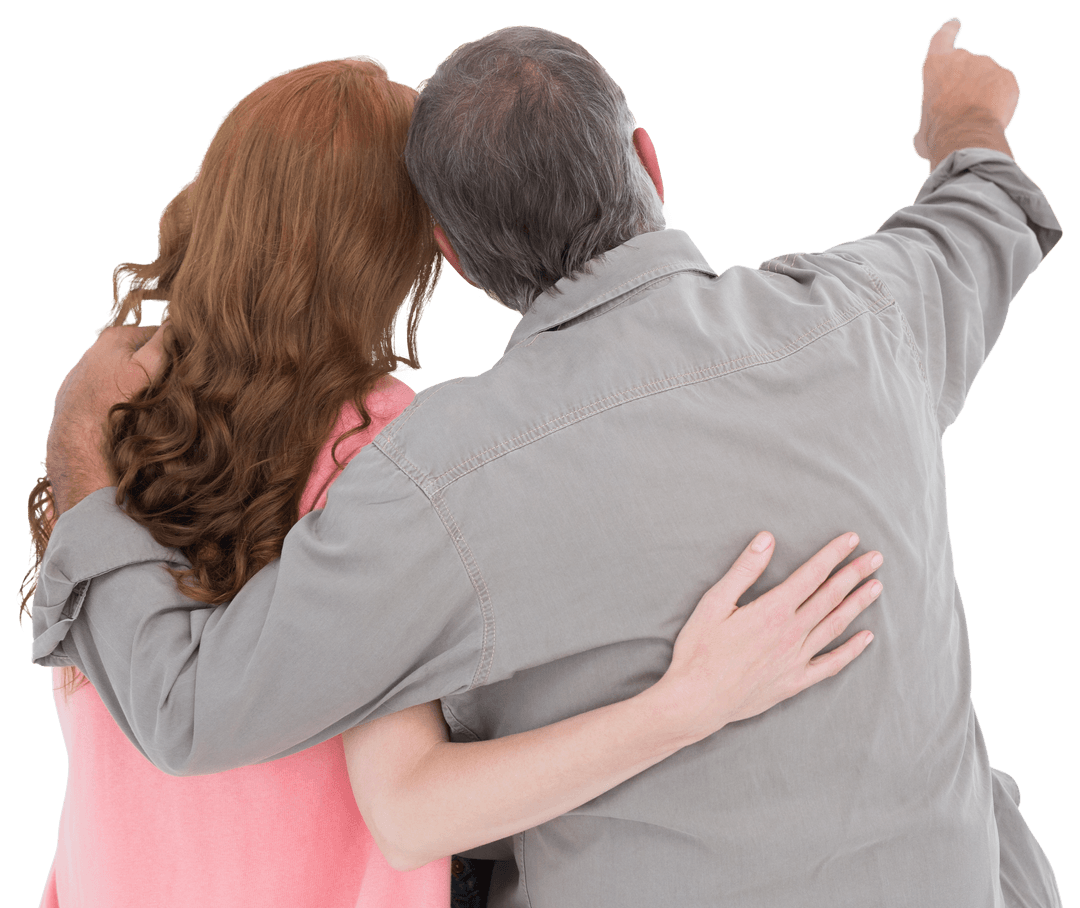 Rear View of Casual Couple Pointing at Transparent Background