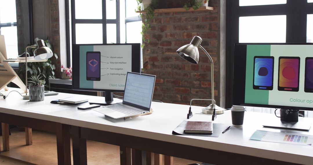 Creative Workspace Desk with App Design on Screens in Modern Office