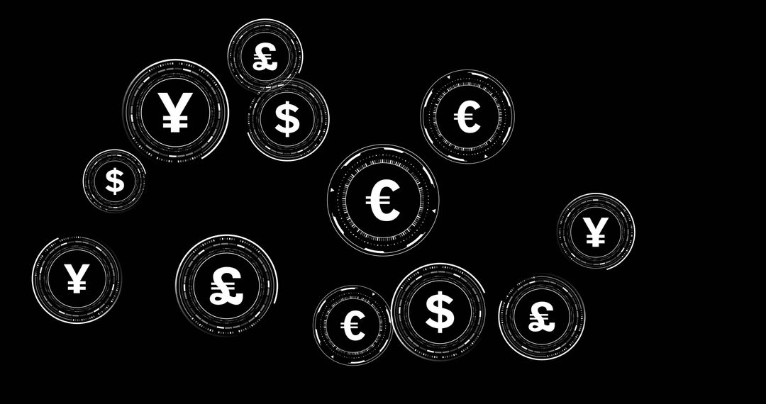 Floating Digital Currency Symbols on Black Background