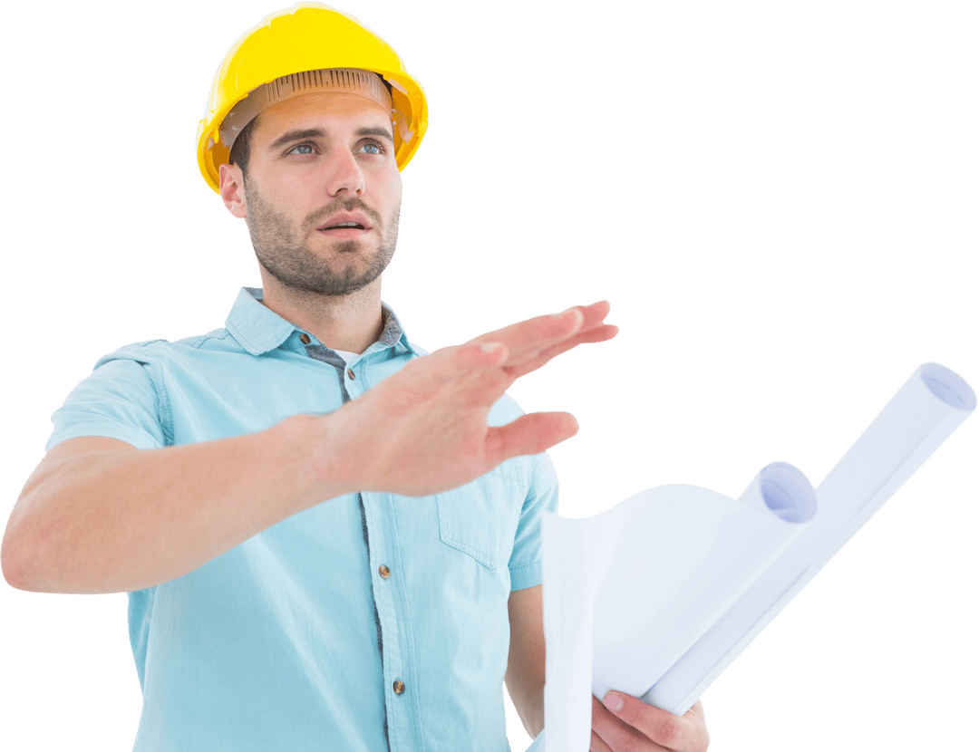 Confident Male Architect Gesturing with Blueprint Transparent Background