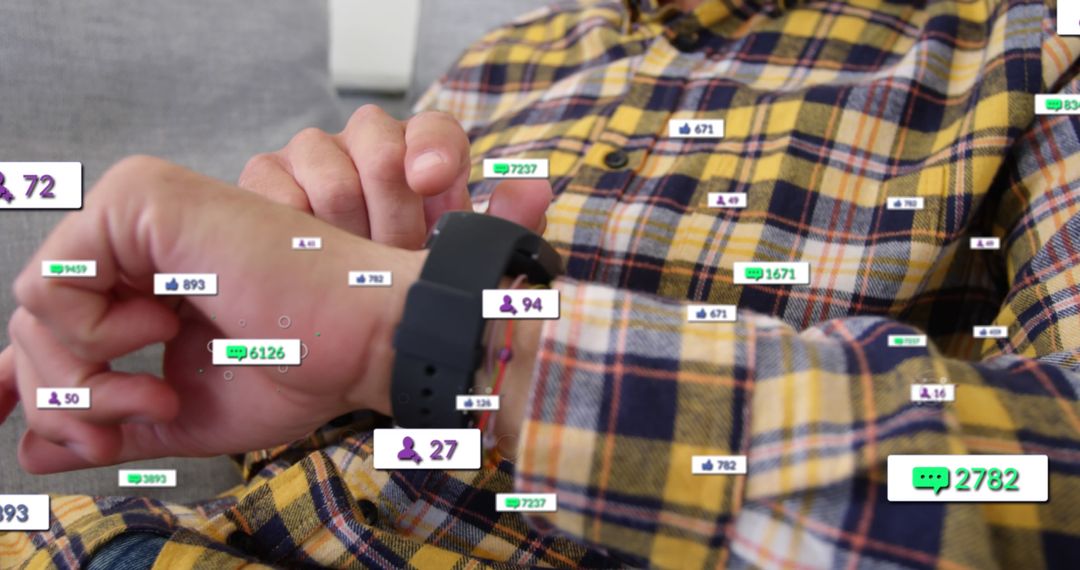 Man Checking Smartwatch with Social Media Concept Overlay