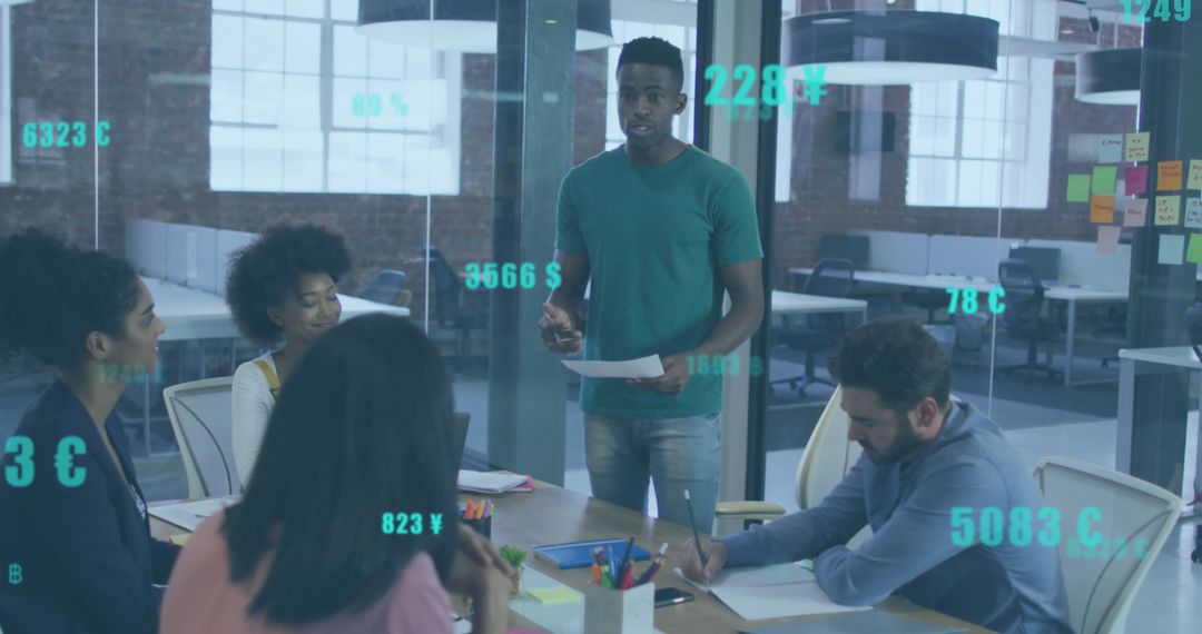 Diverse Team Discussing Reports with Currency and Data Overlays