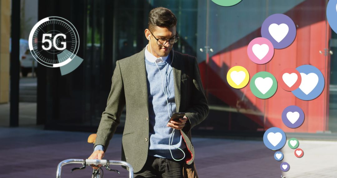 Man Enjoying 5G Technology While Walking with Bicycle Outdoors
