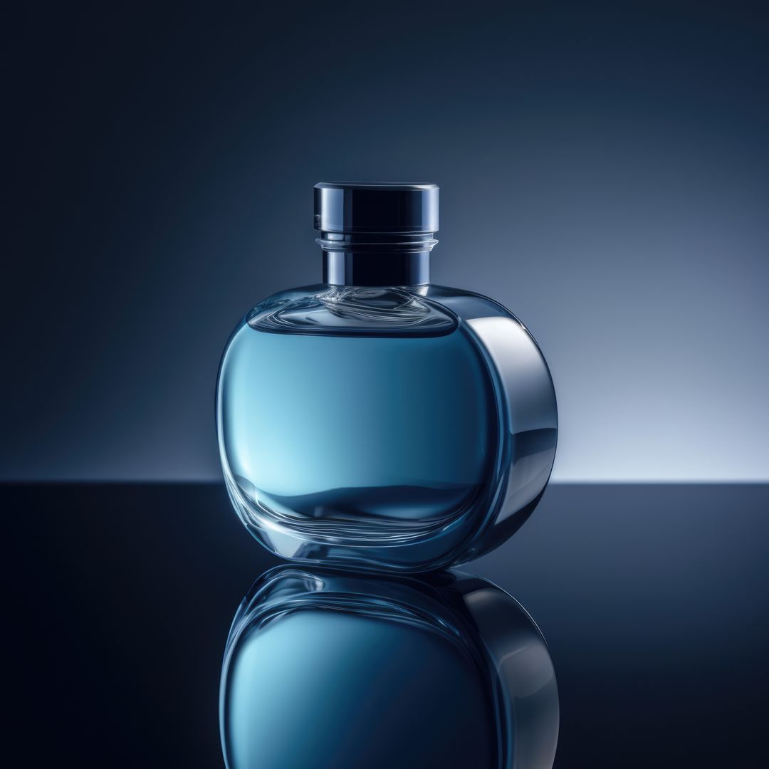 Luxury Blue Glass Perfume Bottle on Reflective Surface - Free Images, Stock Photos and Pictures on Pikwizard.com