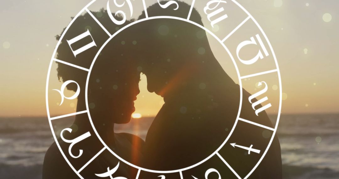 Silhouette of Romantic Couple at Beach with Horoscope Overlay