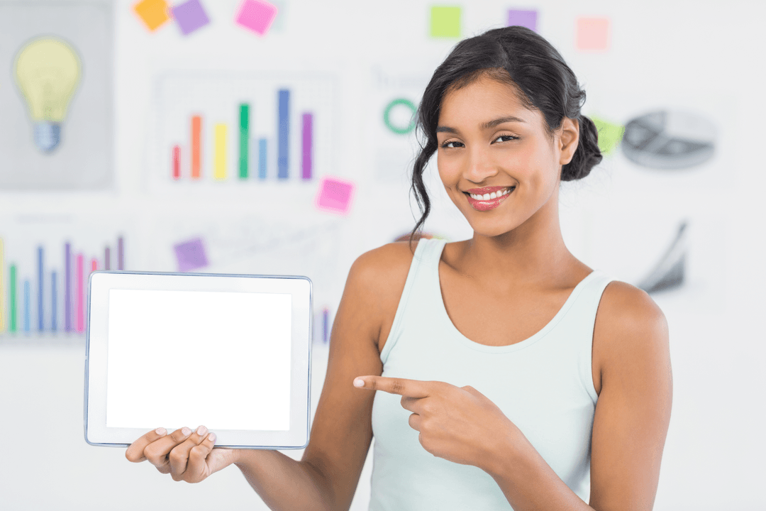 Smiling Woman Displaying Transparent Blank Tablet in Office