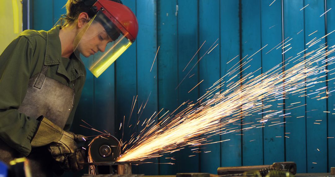 Female Welder Grinding Metal with Angle Grinder Sparks Flying - Free Images, Stock Photos and Pictures on Pikwizard.com