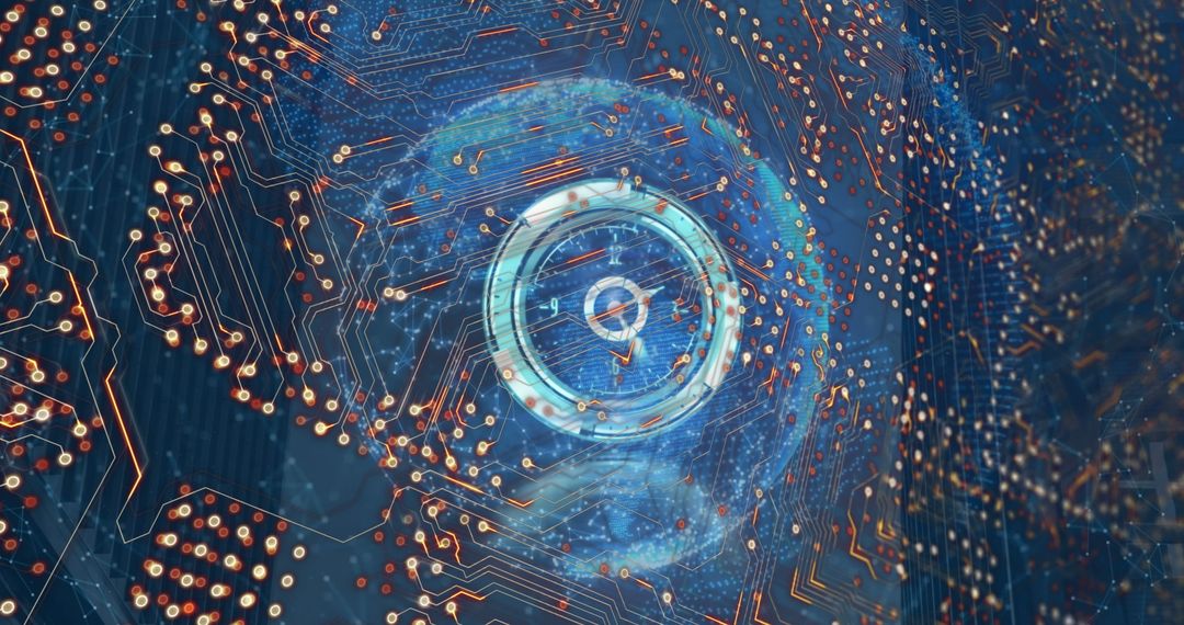 Futuristic Circuit Board with Digital Globe Overlay