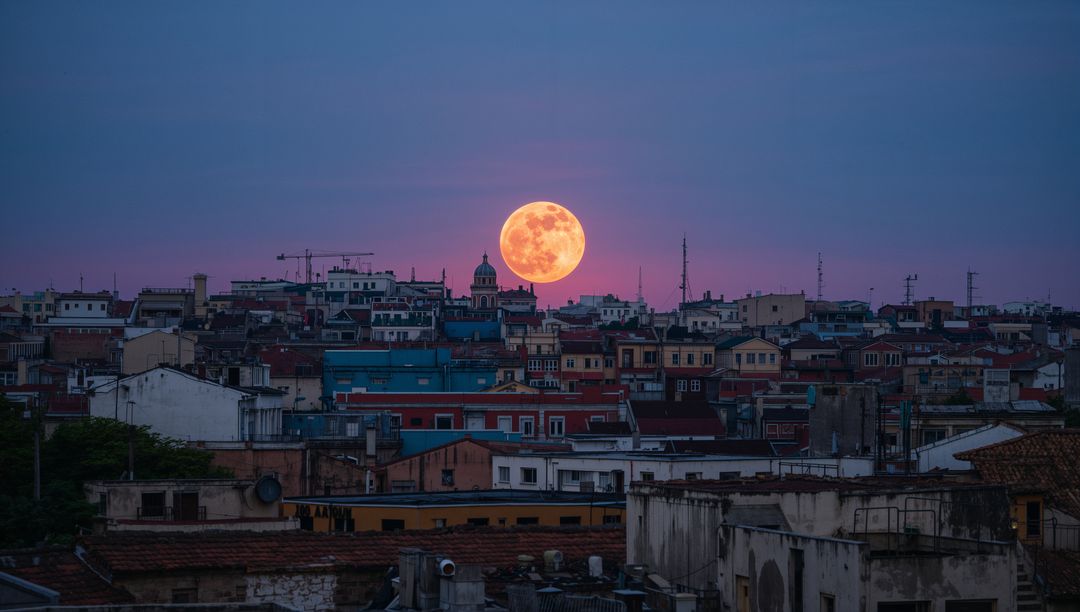 Surreal Full Moon Over Urban Cityscape at Dusk