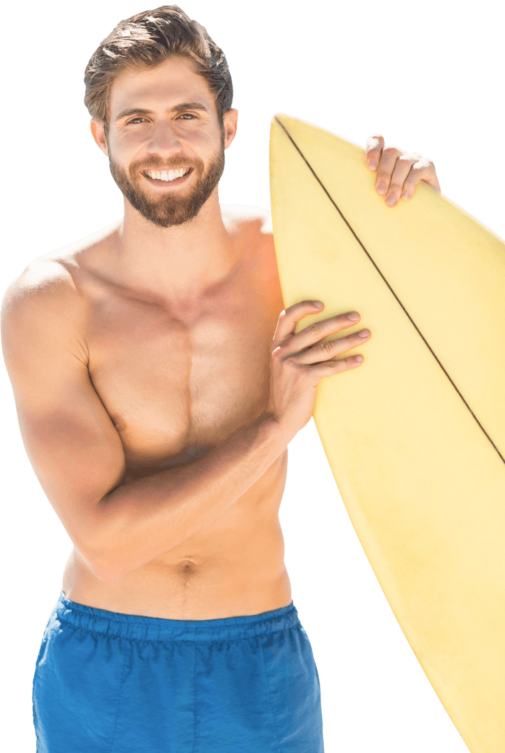 Smiling Caucasian Surfer Holding Yellow Surfboard Transparent Background