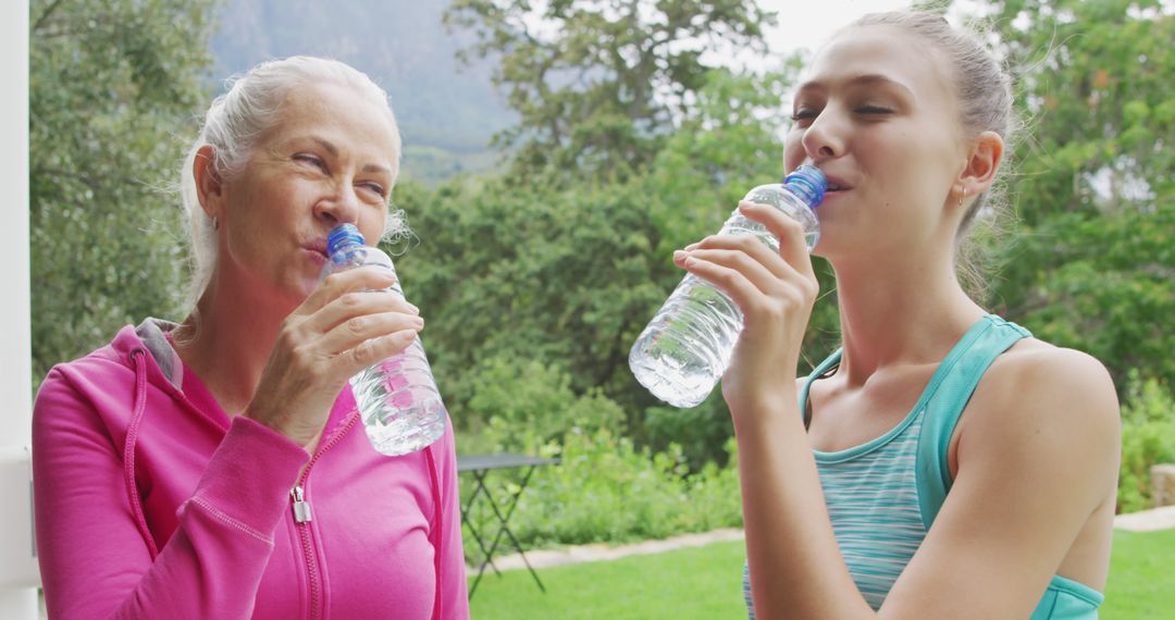 Senior Woman and Young Woman Enjoying Water Bottles in Outdoor Exercise Break - Free Images, Stock Photos and Pictures on Pikwizard.com