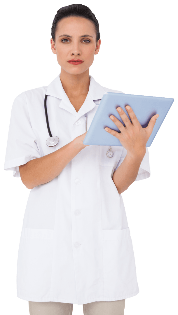 Confident Nurse Using Tablet with Stethoscope in White Coat Transparent Background